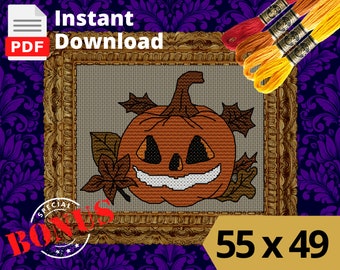 May include: Cross stitch pattern of a smiling jack-o'-lantern with leaves. The pattern is in a gold frame and measures 55 x 49 stitches.  The pattern is available for instant download as a PDF.