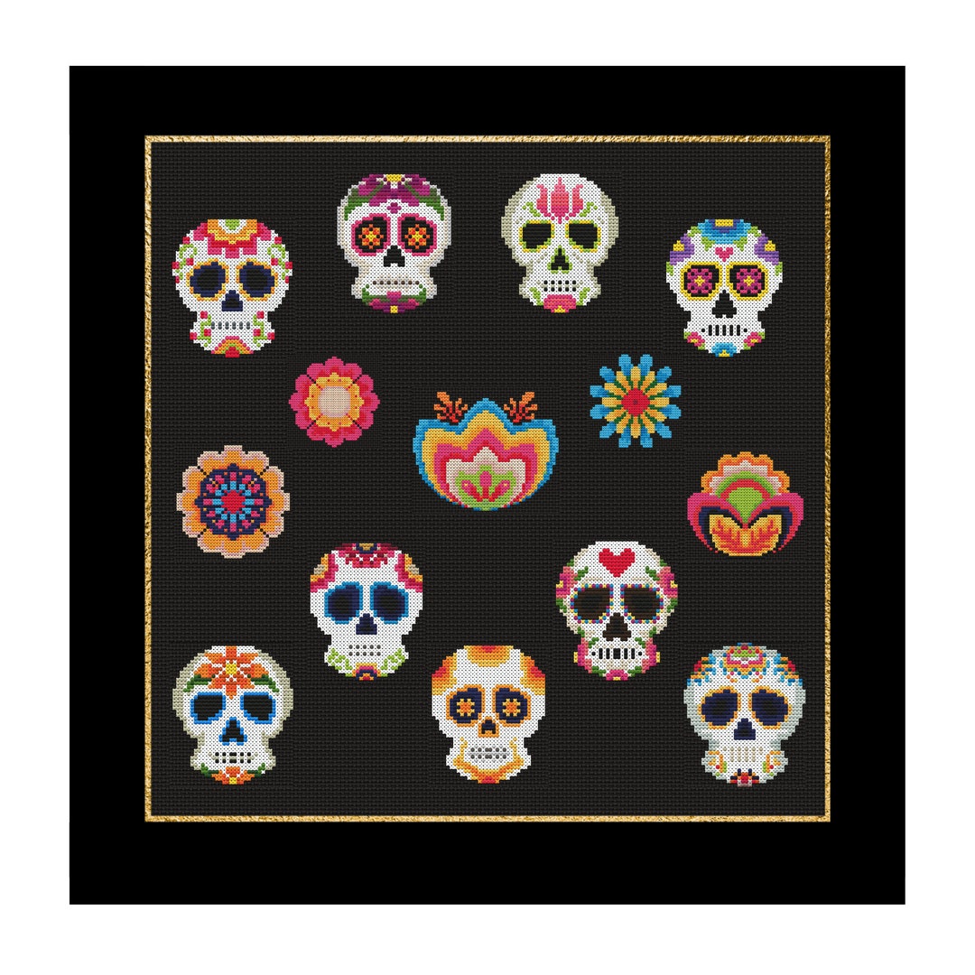 Mini Sugar Skulls and Flowers Cross Stitch Pattern | Dia De Los Muertos ...