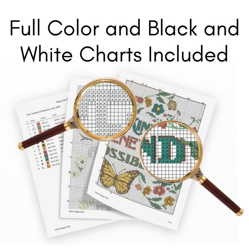 Puede incluir: Patr&oacute;n de punto de cruz con una lupa sobre la palabra "Hecho" y una mariposa. El patr&oacute;n incluye gr&aacute;ficos a todo color y en blanco y negro.