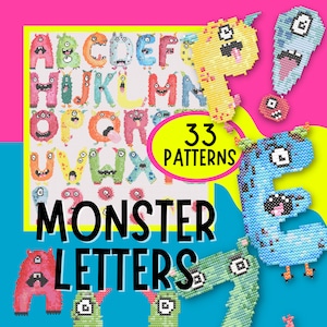 Patrones de punto de cruz con letras del alfabeto de monstruos / Letras lindas y divertidas / Fácil y rápido para principiantes / Diseño contado para una costura fácil de leer