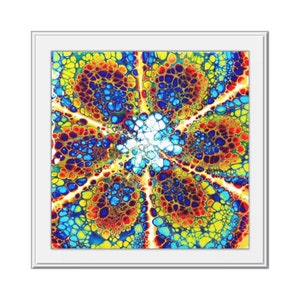 May include: Abstract painting with a colorful, swirling pattern of blue, red, yellow, and white. The pattern resembles a flower with a white center.