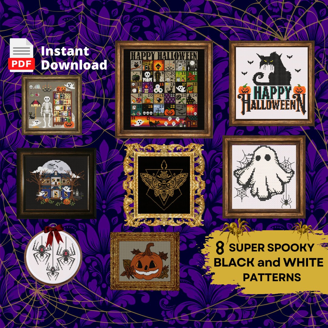 Halloween Horror Cross Stitch Patterns Counted Black and White Digital