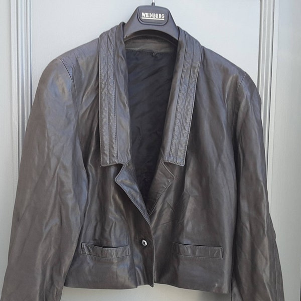 Veste / blazer femme en cuir courte grise - 38 - Vintage 80's