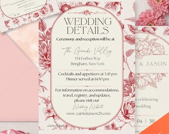 May include: Wedding invitation suite with a floral design in burgundy and cream. The invitation includes details about the ceremony and reception, with an RSVP card and envelope. The design is elegant and suitable for a wedding.