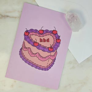 carte d'anniversaire vintage gâteau coeur | Jolie carte HBD pour meilleure amie ou meilleure amie | Voeux de joyeux anniversaire | Carte d'anniversaire rétro unique