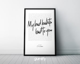 Ed Sheeran | Bad Habits Lyric Print | Minimalist Music Poster| Modern Black & White Wall Art