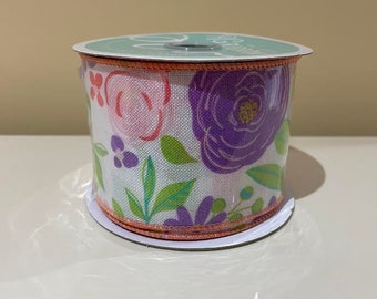 Floral Wired Ribbon:  Coral, Peach. Pink & Purple - 2.5"