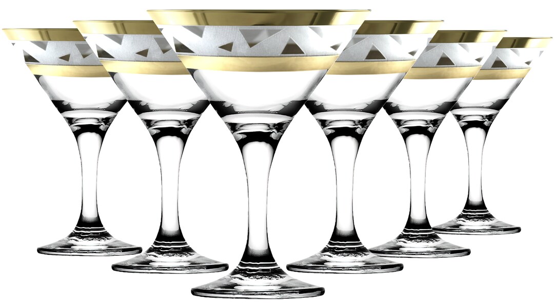 Martini Glasses Set of 6/ Round Cocktail Glasses/ Thick Stem/ Decorated