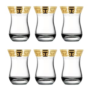 Turkish Tea Cups Set of 6 with Gold Rim/ Oriental Traditional Clear Tea Glasses/ (6 Piece) Gift Set - 100ml 10cl (Gold Greek Ornament)