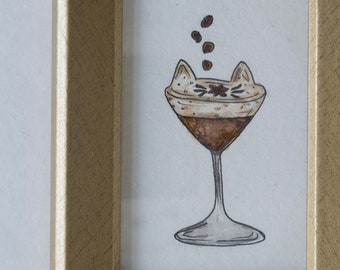 Tiny Original Framed Watercolor Painting, Espresso Meow-tini