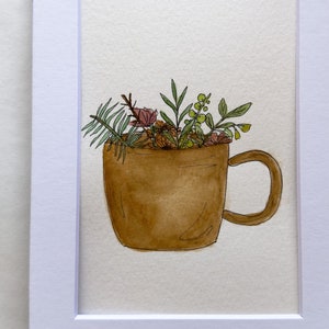 Original Watercolor Painting, Mug with Flowers and Greenery