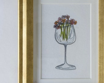 Tiny Original Framed Watercolor Painting, Wildflowers in Wine Glass