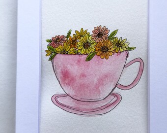 Original Watercolor Painting, Teacup with Zinnia Flowers