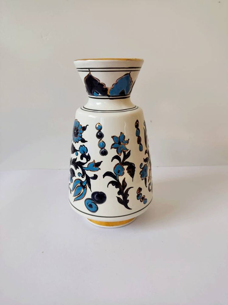 Vintage Ceramic Vase Hand Painted Blue White Deer and Flower Made in ...