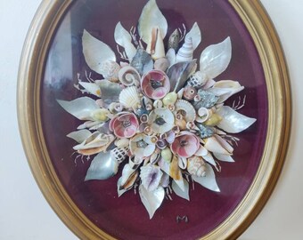 Vintage shells painting 1977s with clams, coral, horn and various other shells | Flowers of shells | Vintage sea shells collage