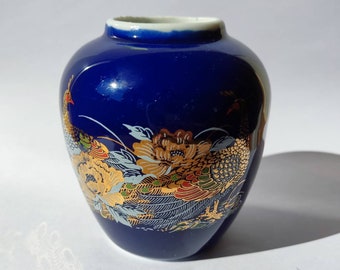 Beautiful Vintage Japan Cobalt Blue Hand Painted CERAMIC VASE with Peacock & Flowers