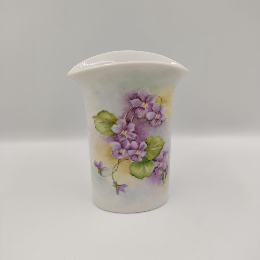 Hand Painted Porcelain Vase With Purple Floral Design Signed Leila 83 ...