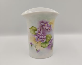 Hand Painted Porcelain Vase with Purple Floral Design Signed Leila 83