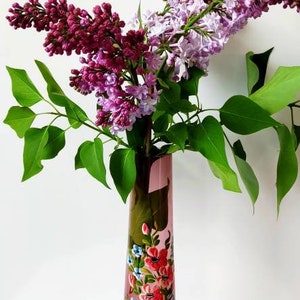 Stunning vintage  handpainted floral red glass decorative vase