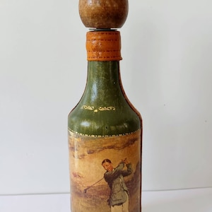 Fausto Corduri Italienische Leder Eingewickelte Flasche Golf Print Karaffe Vintage 1960er Jahre
