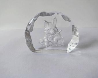 Swedish art glass lead crystal wolf paperweight signed Kristall Huset
