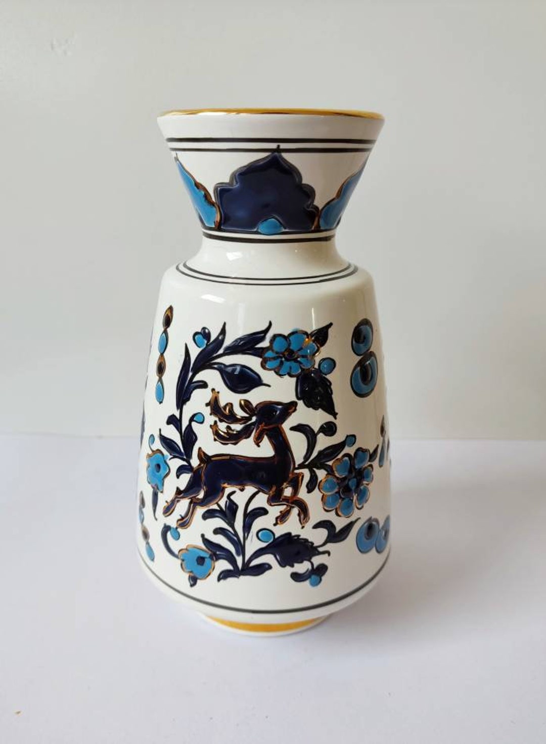 Vintage Ceramic Vase Hand Painted Blue White Deer and Flower Made in ...