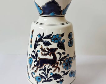 Vintage Ceramic vase Hand painted blue white deer and flower made in Greece