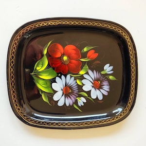Vintage Black Metal Tray Hand Painted Flowers