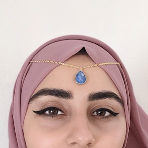 DOUBLE HIJAB PIN - Blue Opal Crystal Teardrop - Gold Scarf Hijab Jewelry Jewellery - Head Chain Piece - Bridal Wedding Tikka Headscarf