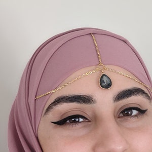 HEAD CHAIN - Gray Black Crystal Teardrop - Gold Chain Hair Jewelry Jewellery - Forehead Jewelry - Bridal Goddess Wedding Tikka
