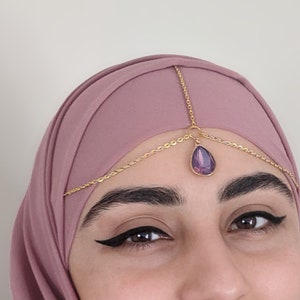 Gold Head Chain: Purple Opal Teardrop, Bridal Forehead Jewelry