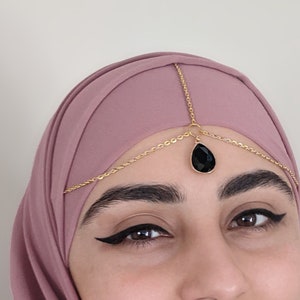 HEAD CHAIN - Black Crystal Teardrop - Gold Chain Hair Jewelry - Jewellery Hijab - Forehead Jewelry - Bridal Goddess Wedding Tikka