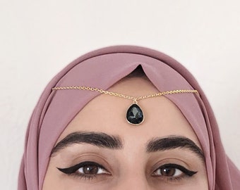 DOUBLE HIJAB PIN - Larme de cristal noir gris - Foulard doré Bijoux Hijab - Pièce de chaîne de tête - Foulard Tikka de mariage nuptial