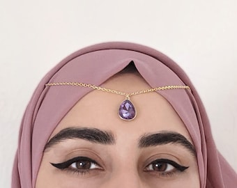 DOUBLE HIJAB PIN - Purple Crystal Teardrop - Gold Scarf Hijab Jewelry - Head Chain Piece - Jewellery Hijab - Bridal Wedding Tikka Headscarf