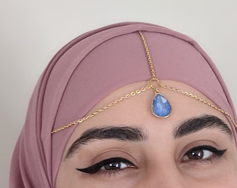HEAD CHAIN - Blue Opal Crystal Teardrop - Gold Chain Hair Jewelry Jewellery - Headchain - Forehead Jewelry - Bridal Goddess Wedding Tikka