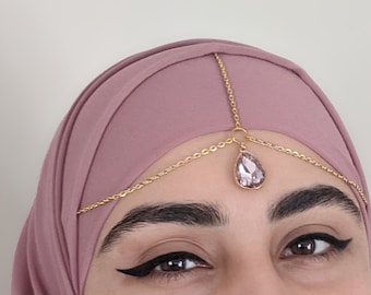 HEAD CHAIN - Pink Crystal Teardrop - Gold Chain Hair Jewelry - Jewellery Hijab - Forehead Jewelry - Bridal Goddess Wedding Tikka