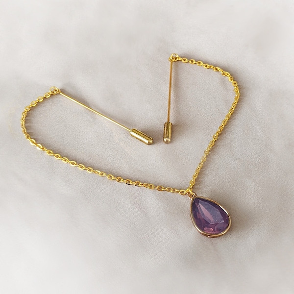 DOUBLE HIJAB PIN - Purple Opal Crystal Teardrop - Gold Scarf Hijab Jewelry Jewellery - Head Chain Piece - Bridal Wedding Tikka Headscarf