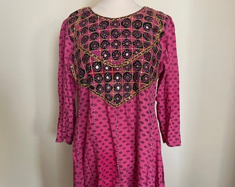 Vintage 60s handmade hot pink Indian print dress with embellishments