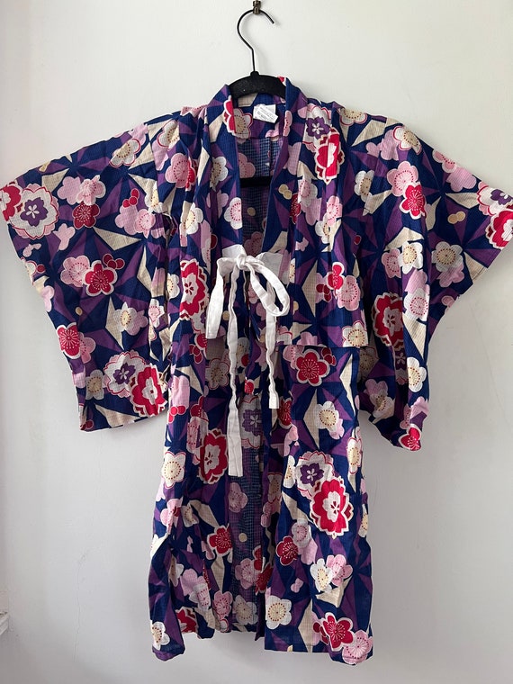 Vintage kimono robe in purple, red, and blue
