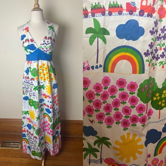 Vintage 60s Psychedelic Hawaiian Rainbow Town Malia Honolulu Maxi Halter Sundress - Etsy Vintage 60s Psychedelic Hawaiian Rainbow Town Malia Honolulu Maxi Halter Sundress - Etsy