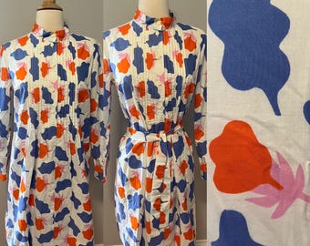 Vintage 1973 Marimekko bold leaf and floral pintucked shirt dress