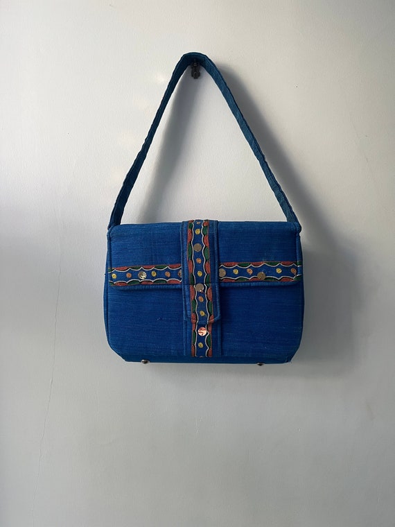 Vintage 70s blue, Indian, silk shantung handbag