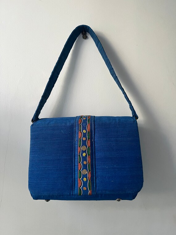 Vintage 70s blue, Indian, silk shantung handbag - image 3