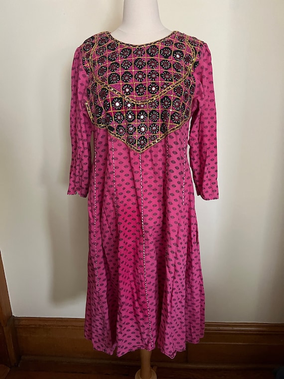 Vintage 60s handmade hot pink Indian print dress w