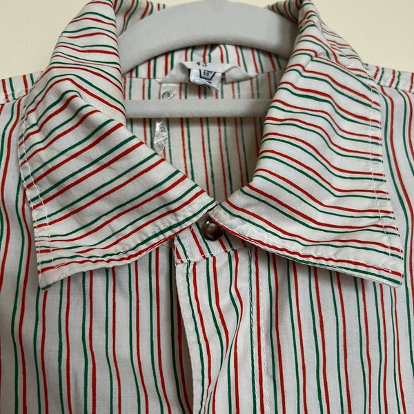 Vintage 1976 Marimekko snap front striped shirt with green and tomato red stripes