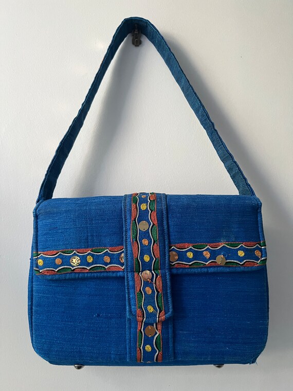 Vintage 70s blue, Indian, silk shantung handbag - image 2