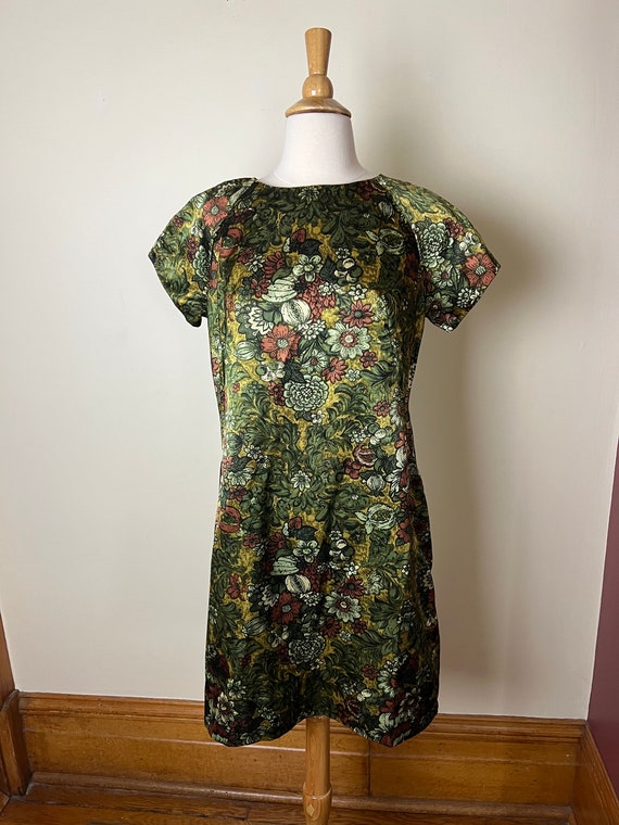 Vintage 60s handmade floral fruit print satin dres