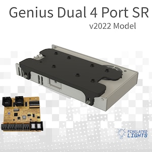 May include: A Genius Dual 4 Port SR v2022 Model electronic device with a black and gray housing. The device has a circuit board with four RJ45 ports and a black and gray connector.