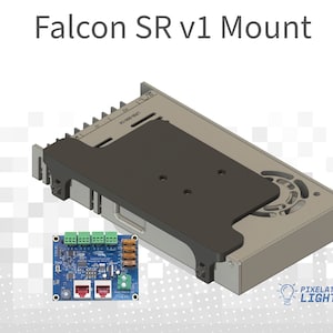 May include: A gray metal box with a black plastic cover and a fan. The box has a label that says "Falcon SR v1 Mount". There is a smaller blue circuit board with green connectors and a network cable connector.