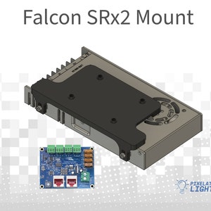 May include: A black metal mount for a Falcon SRx2 receiver. The mount has a fan and a circuit board with two RJ45 connectors. The circuit board is labeled "Pixelated Lights".